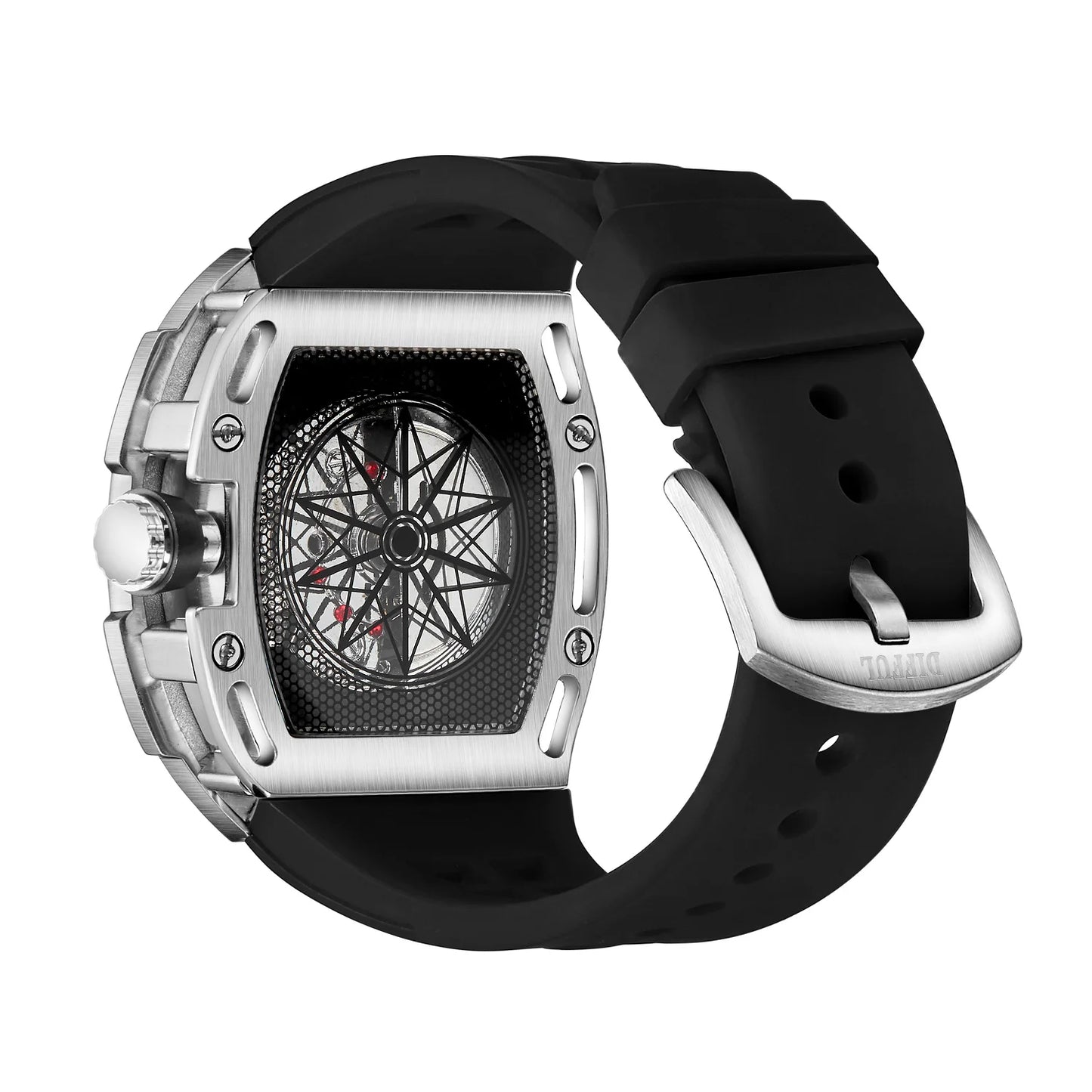 High Quality Tonneau Shape Waterproof Iced Out Full Diamond Hip Hop Skeleton Quartz Watch With Silicone Band