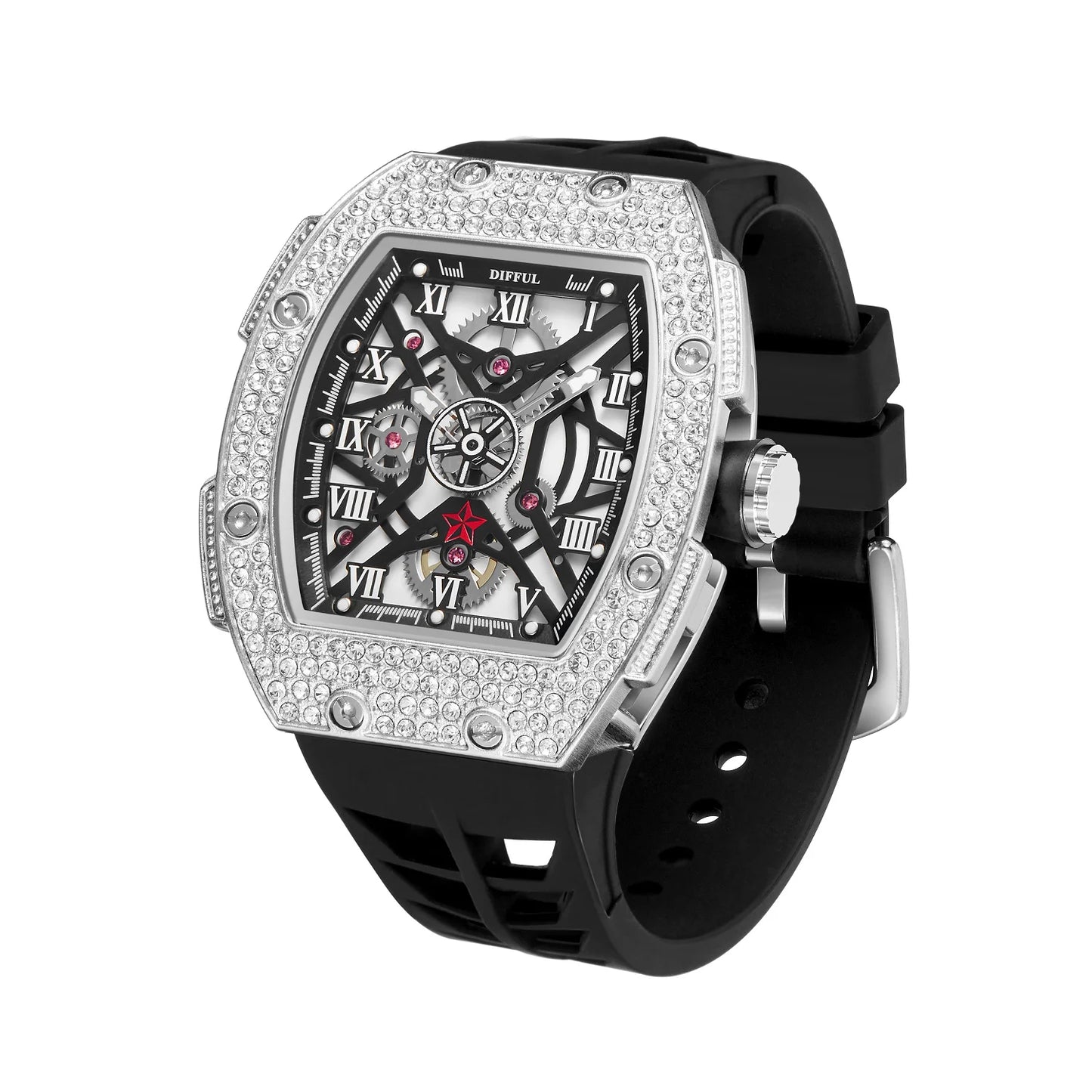 High Quality Tonneau Shape Waterproof Iced Out Full Diamond Hip Hop Skeleton Quartz Watch With Silicone Band