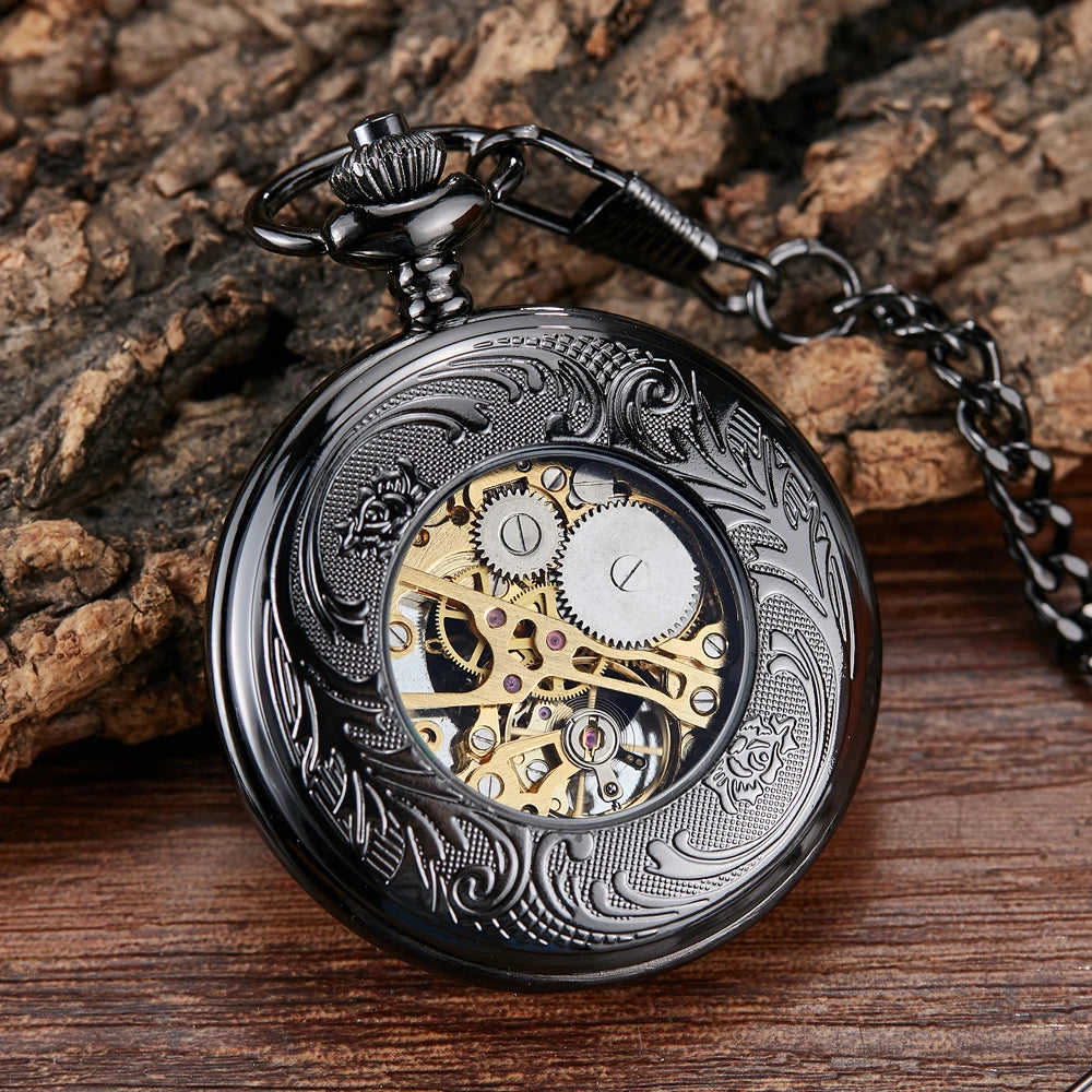 Golden Vintage Automatic Mechanical Carved Pocket Watch Steampunk Skeleton FOB Chain Hand Winding Hollow For Men Women