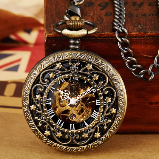 Vintage  Mechanical Pocket Watch With Fob Chain Hollow Hand-winding Pendant Clock Men Women Gold Bronze Watch Gift