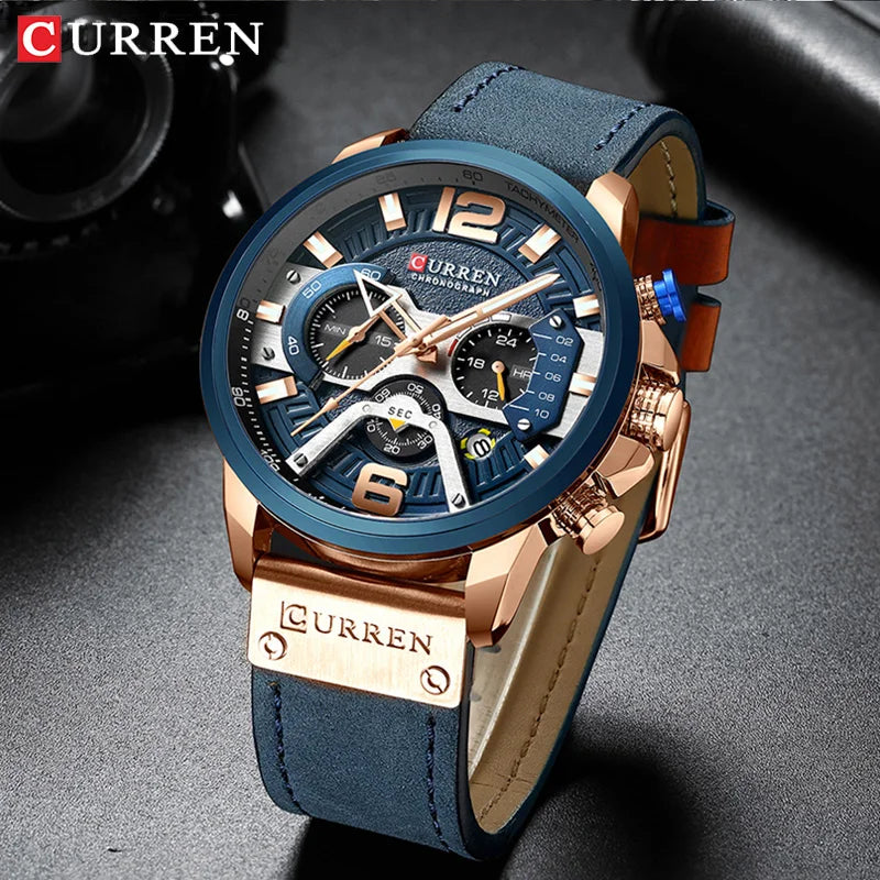 CURREN New Men's Casual Sports Chronograph Blue Top Brand Luxury Military Leather Watch Calendar Clock Relogio Masculino