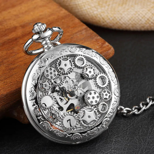 Mens Mechanical Pocket Watch Gearwheel Vintage Skeleton Hand Wind Watch Clock Steampunk Flip Case Necklace Women Mens Gift Box