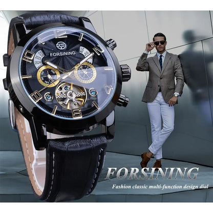 Forsining Top Brand Luxury Tourbillion Mens Automatic Mechanical Watches Fashion Wave Black Golden Clock Multi Function Display