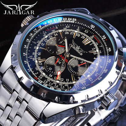 Jaragar Blue Glass Design Black Silver Automatic Watch Stainless Steel Date Clock Luminous Men Business Mechanical Wristwatch