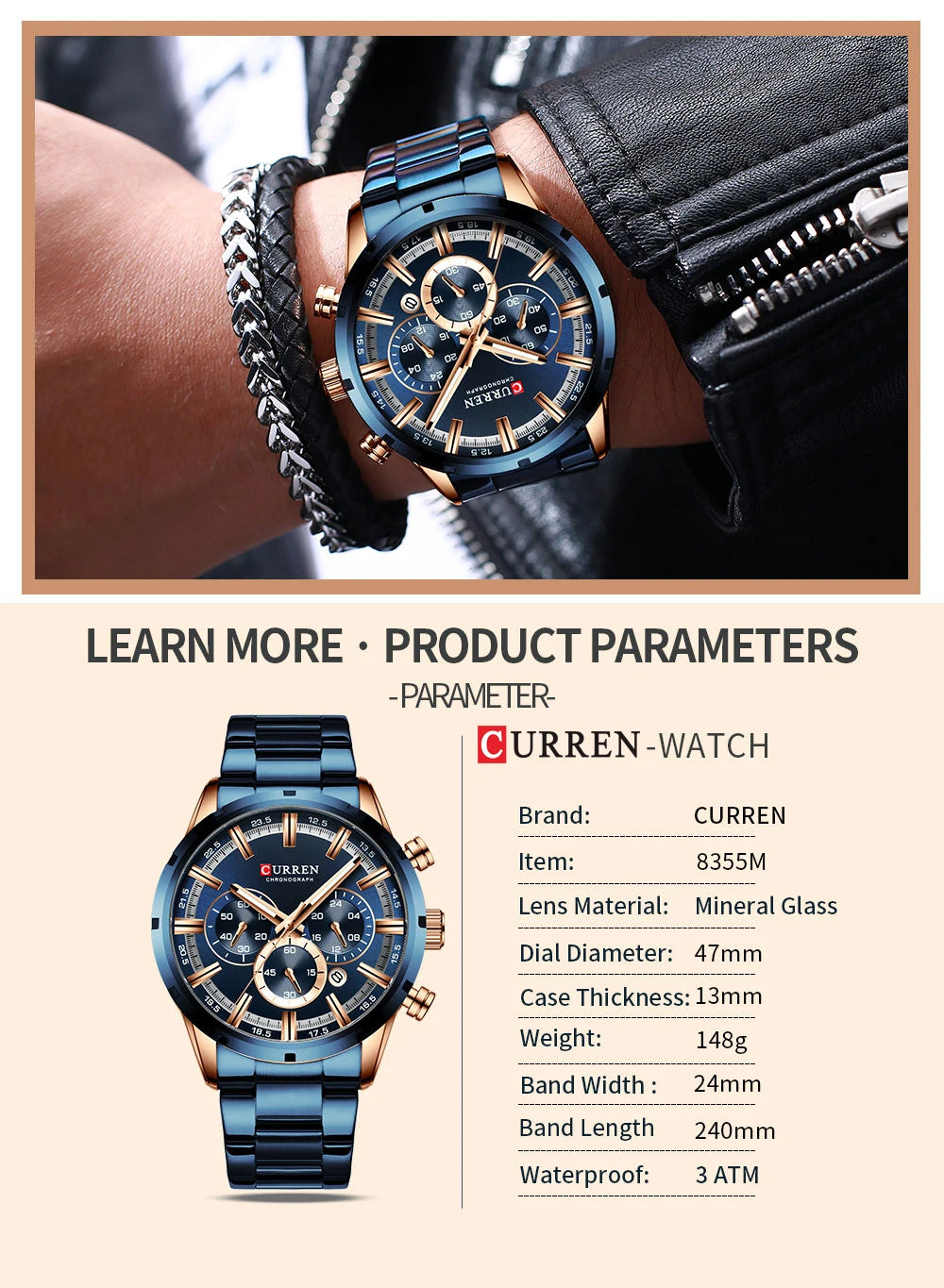 Relogio Masculino CURREN Hot Fashion Mens Watches Top Brand Luxury Wrist Watch Quartz Clock Watch Men Waterproof Chronograph