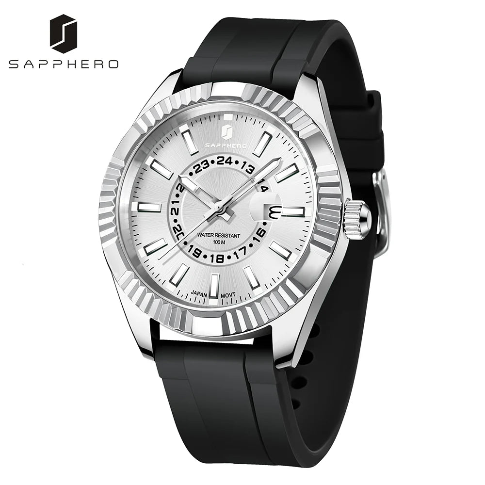 SAPPHERO Watch for Mens Stainless Steel Case MIYOTA Quartz Movement Wristwatch Silicone Strap 100M Waterproof Luminious Clock