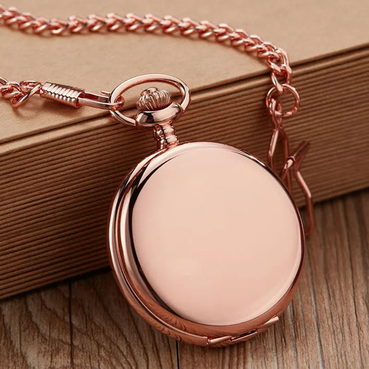 Vintage Rose Gold Smooth Quartz Pocket Watch Men Women Steampunk Pendant Fob Chain Roman Pocket Watch Men Clock Male