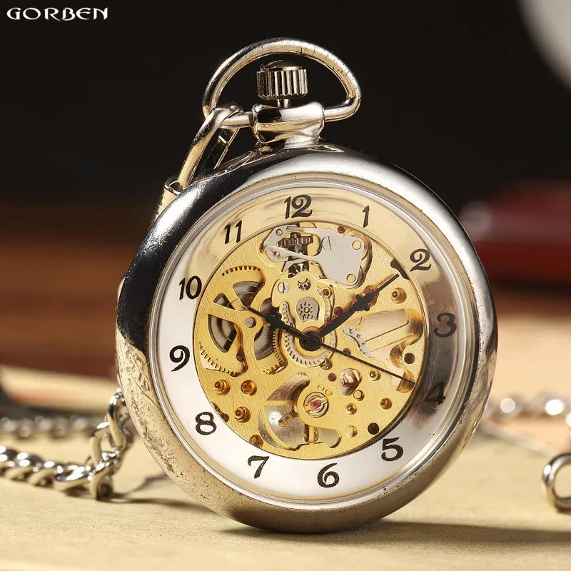 Transparent Mechanical Pocket Watch Silver Hand Winding Full Steel Fashion Unique Pocket Watches Skeleton Fob Chain reloj hombre