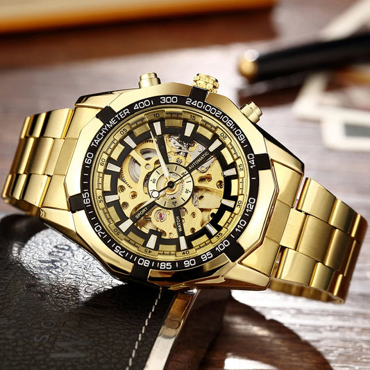 Skeleton Sports Automatic Stainless Steel Bracelet Chinese Mechanical Wrist Watches Mens Luxury Top Brand Gold Black Silver Gift