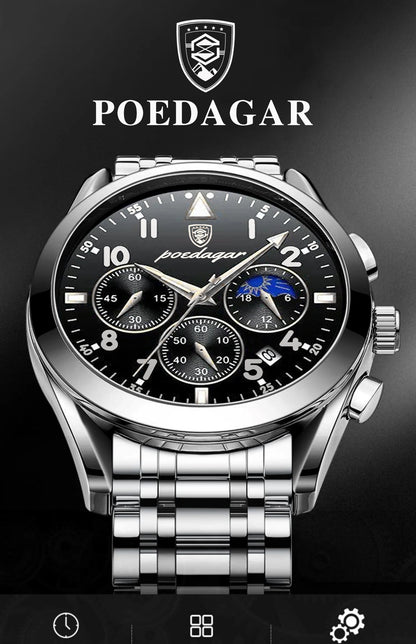 POEDAGAR Men Watches Stainless Steel Top Luxury Fashion Business Wristwatch Waterproof Luminous Quartz Watches Relogio Masculino