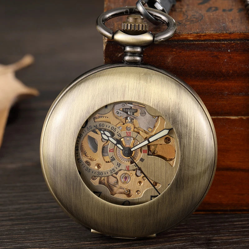 Antique Smooth Mechanical Pocket Watch Fob chain  Arabic Numerals Vintage Hand Wind Watch Skeleton Pendent Men Women Gift Clock