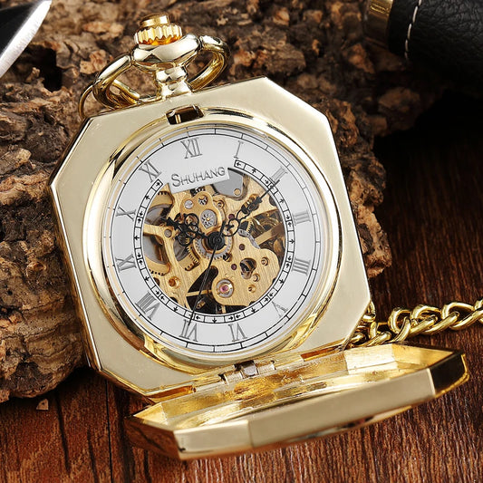 Luxury Gold Polygon Design Mechanical Pocket Watch with FOB Chain Skeleton Steampunk Hand Wind Mechanical Mens Watch With Chain