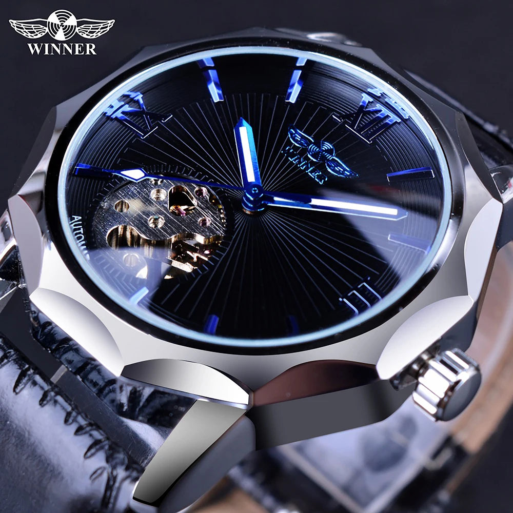 Winner Cool Ocean Geometry Design Transparent Skeleton Dial Mens Watch Top Brand Luxury Automatic Fashion Mechanical Watch Clock