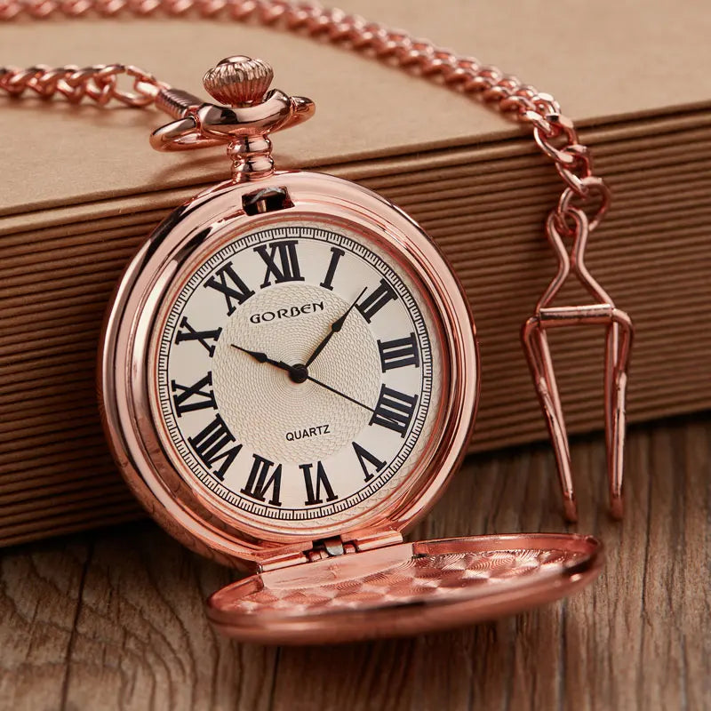 Vintage Rose Gold Smooth Quartz Pocket Watch Men Women Steampunk Pendant Fob Chain Roman Pocket Watch Men Clock Male