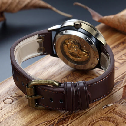 New Brown Strap Retro Steampunk Men's Mechanical Watch Locomotive Gear Literal Automatic Male Wristwatches Relogio Masculino