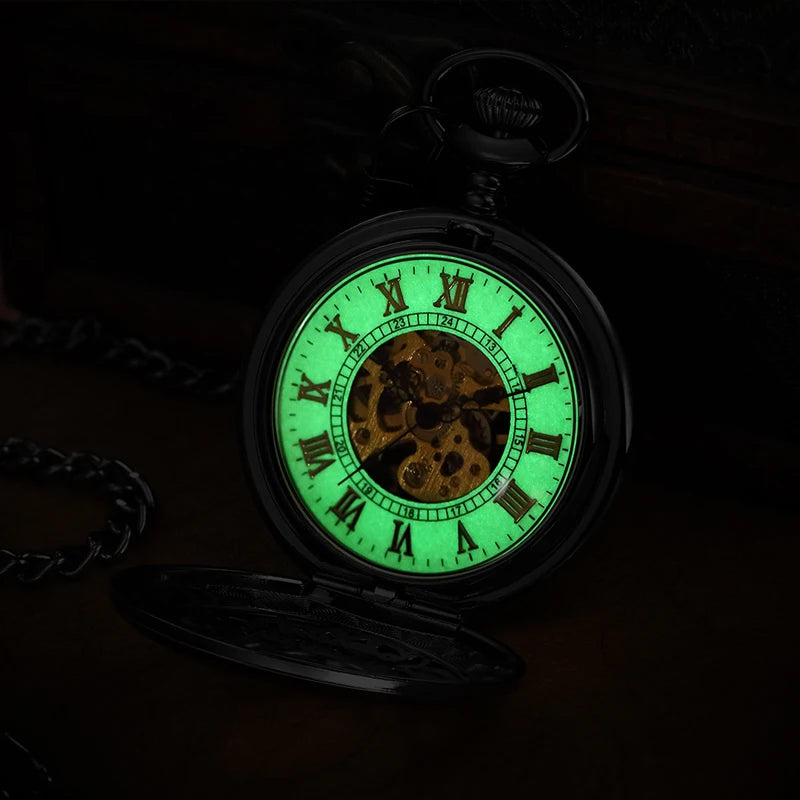 LED Light Night Luminous Hand Wind Mechanical Pocket Watch FOB Chain Locket Dial Hollow Steampunk Skeleton Men Women Clock