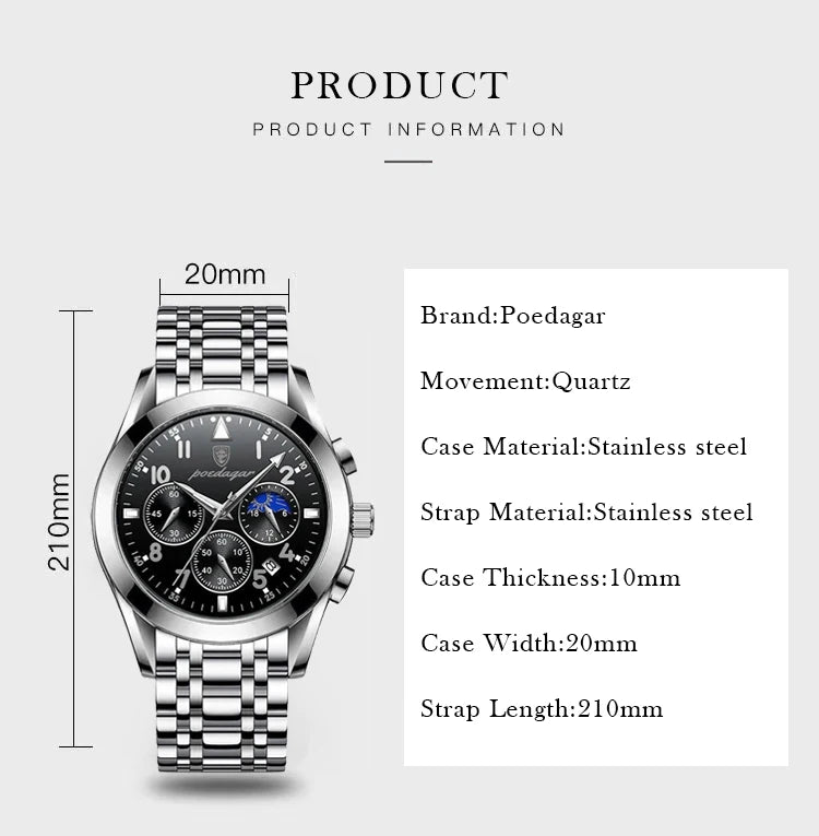 POEDAGAR Men Watches Stainless Steel Top Luxury Fashion Business Wristwatch Waterproof Luminous Quartz Watches Relogio Masculino