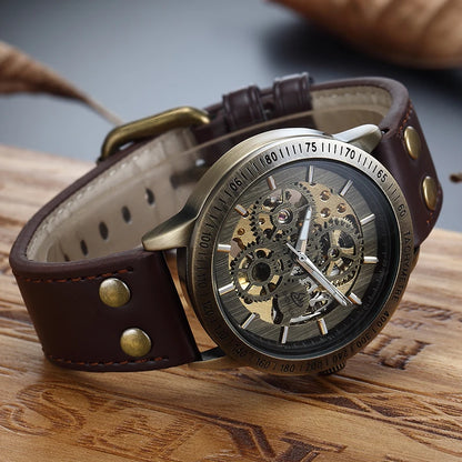 New Brown Strap Retro Steampunk Men's Mechanical Watch Locomotive Gear Literal Automatic Male Wristwatches Relogio Masculino