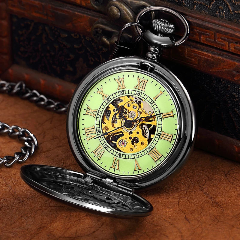 LED Light Night Luminous Hand Wind Mechanical Pocket Watch FOB Chain Locket Dial Hollow Steampunk Skeleton Men Women Clock