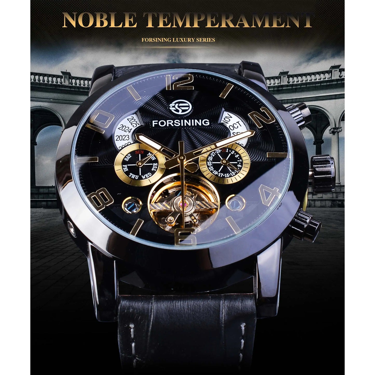 Forsining Top Brand Luxury Tourbillion Mens Automatic Mechanical Watches Fashion Wave Black Golden Clock Multi Function Display