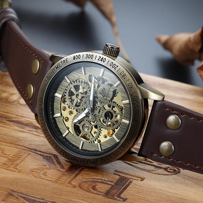 New Brown Strap Retro Steampunk Men's Mechanical Watch Locomotive Gear Literal Automatic Male Wristwatches Relogio Masculino