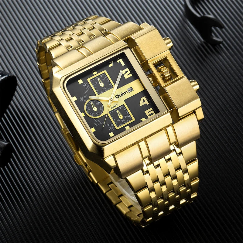 Oulm Stainless Steel Male Quartz Wristwatch Large Dial Watch Luxury Brand Auto Date Golden Clock Men's Military Watches