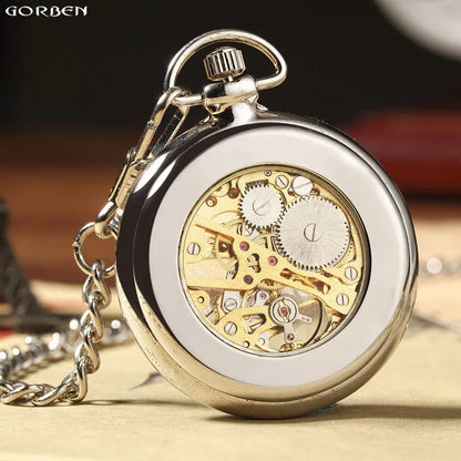 Transparent Mechanical Pocket Watch Silver Hand Winding Full Steel Fashion Unique Pocket Watches Skeleton Fob Chain reloj hombre