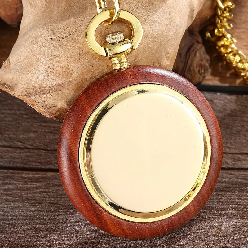 Vintage Wood Casing Luxury Pocket Watch Necklace With Gold Chain Simple High Quality Quartz Pocket Fob Clock Pendant Men Women