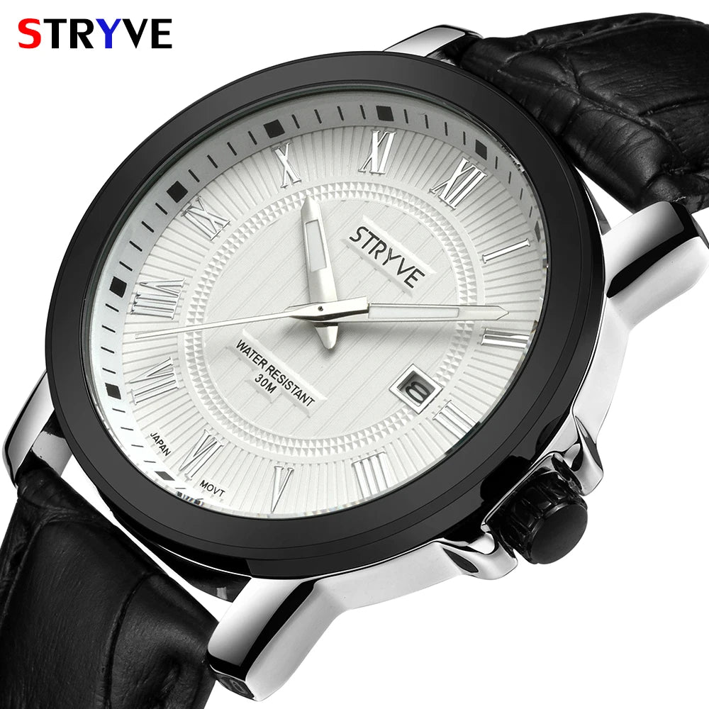 Montres à quartz pour hommes de marque originale de luxe Stryve Business Calendar en cuir véritable 30 m étanche montre femme 2018