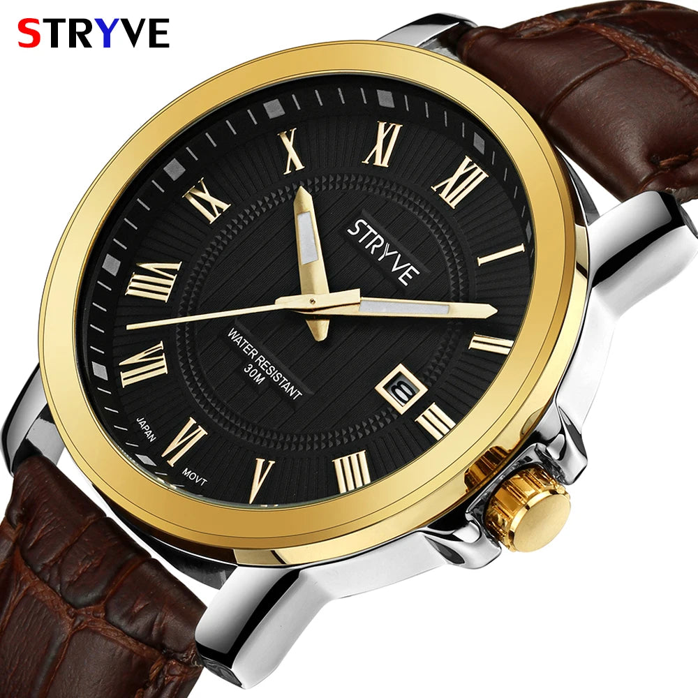 Montres à quartz pour hommes de marque originale de luxe Stryve Business Calendar en cuir véritable 30 m étanche montre femme 2018