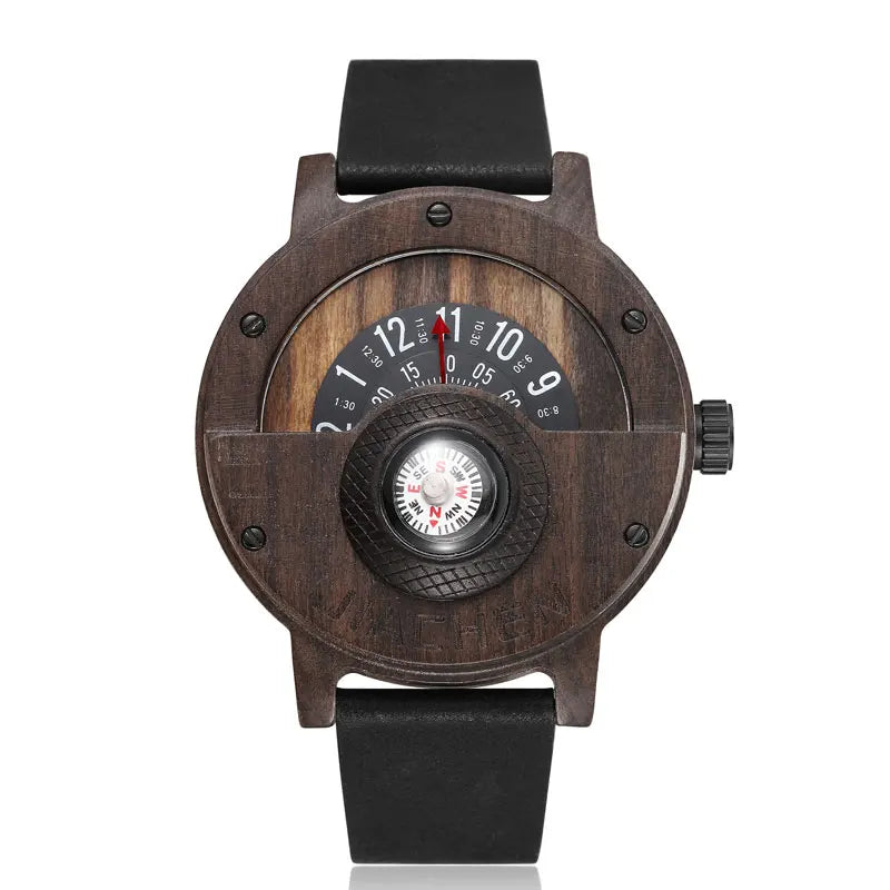 Compass Turntable Wooden Watch Men Cowhide Leather Strap Handmade Natural Wood Watches Quartz Sports Watch Gifts relogio