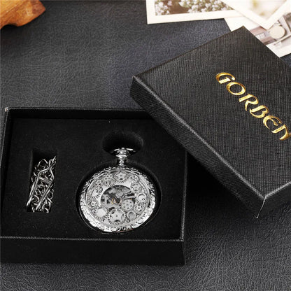 Mens Mechanical Pocket Watch Gearwheel Vintage Skeleton Hand Wind Watch Clock Steampunk Flip Case Necklace Women Mens Gift Box