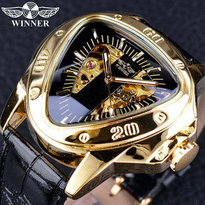 WINNER Steampunk Fashion Men's Automatic Mechanical Watches Triangle Golden Skeleton Movement Genuine Leather Racing Wristwatch