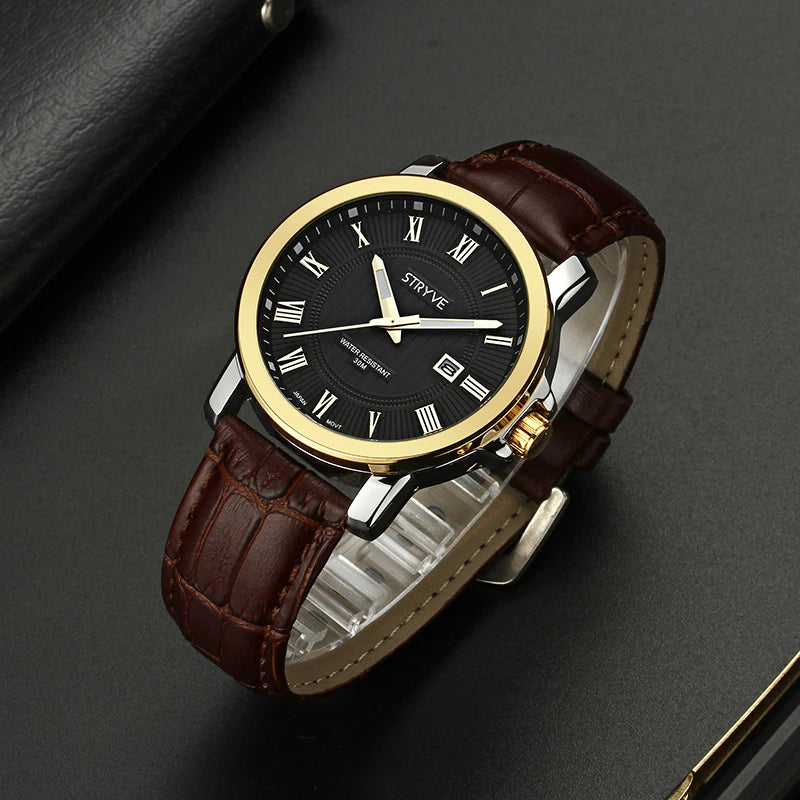 Montres à quartz pour hommes de marque originale de luxe Stryve Business Calendar en cuir véritable 30 m étanche montre femme 2018