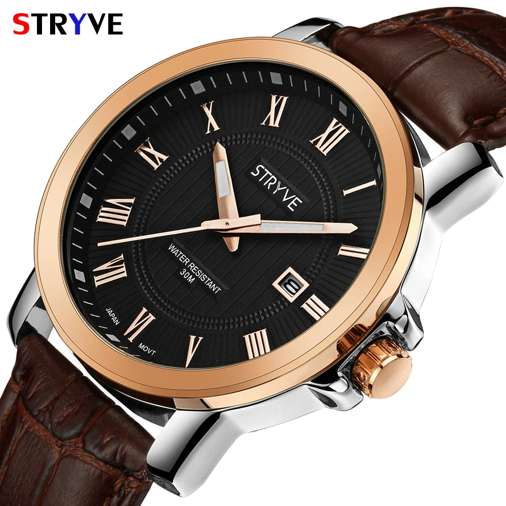 Montres à quartz pour hommes de marque originale de luxe Stryve Business Calendar en cuir véritable 30 m étanche montre femme 2018