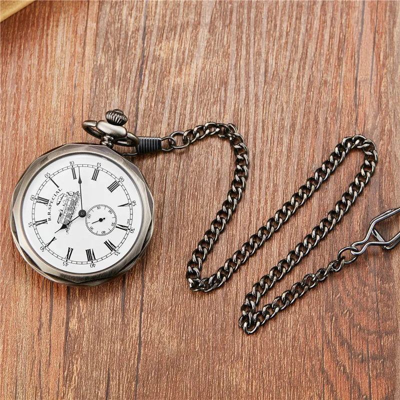 Retro Hollow Skeleton Steampunk Lrregular Shape Design Mechanical Pocket Watch Roman Numerals Hand Wind Fob Chain Clock Mens