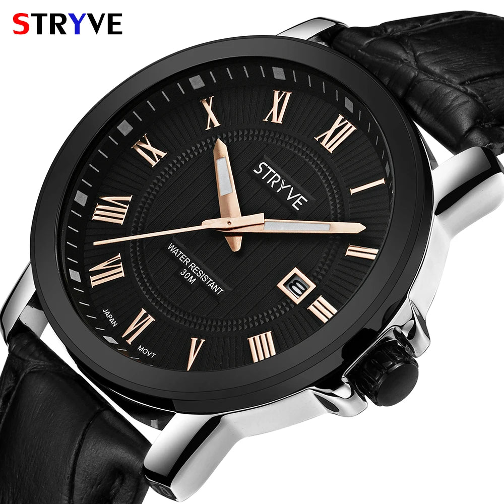 Montres à quartz pour hommes de marque originale de luxe Stryve Business Calendar en cuir véritable 30 m étanche montre femme 2018