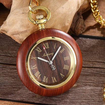 Vintage Wood Casing Luxury Pocket Watch Necklace With Gold Chain Simple High Quality Quartz Pocket Fob Clock Pendant Men Women