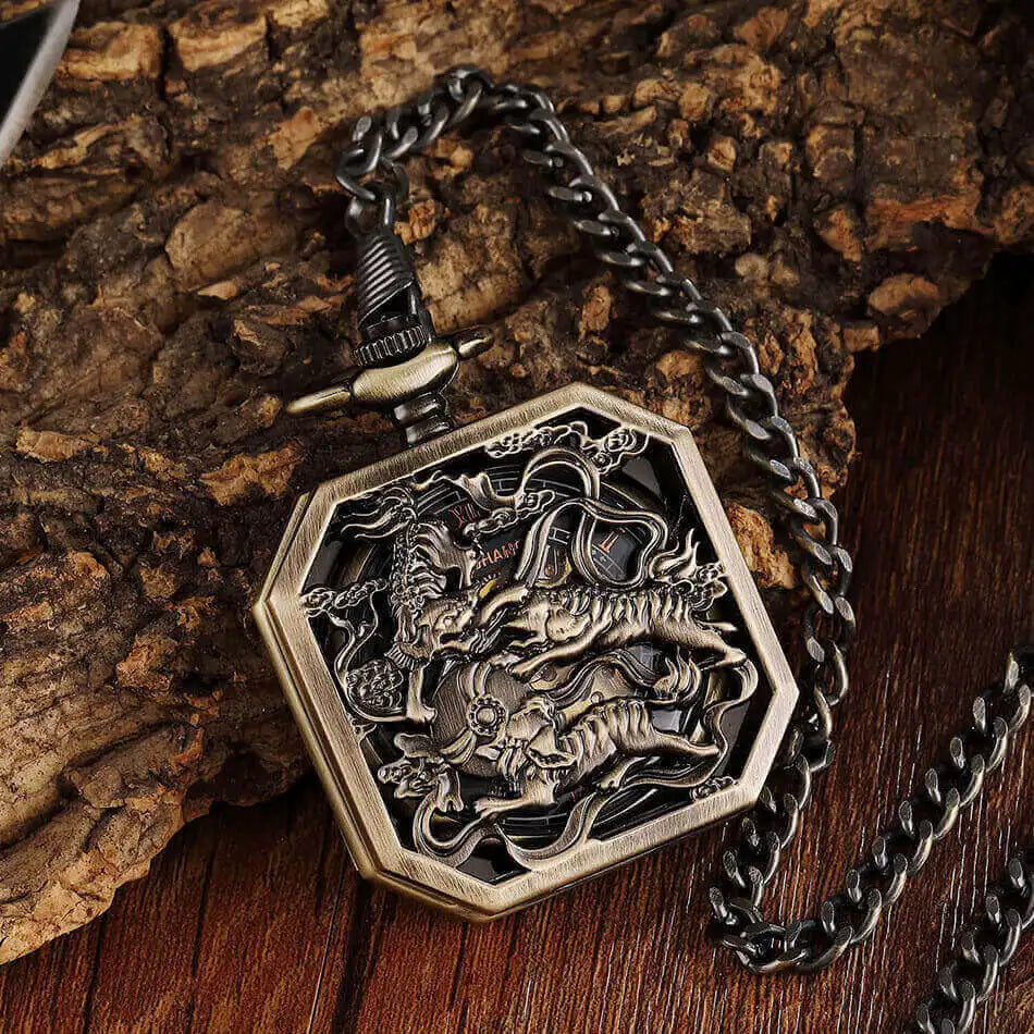 Square Mehanical Pocket Watch Chains Chinese Beast Kylin Hollow Skeleton Engraved Fob Watches Steampunk for Men Women Reloj