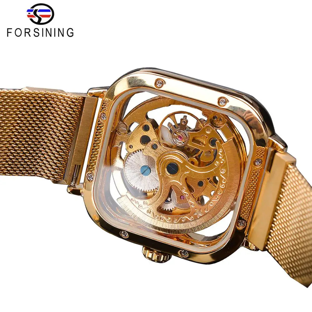 Forsining Golden Men Automatic Watch Square Skeleton Mesh Steel Band Mechanical Business Clock Relogio Masculino Erkek Kol Saati