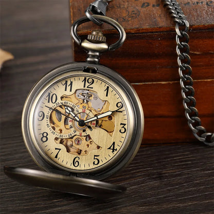 Antique Smooth Mechanical Pocket Watch Fob chain  Arabic Numerals Vintage Hand Wind Watch Skeleton Pendent Men Women Gift Clock