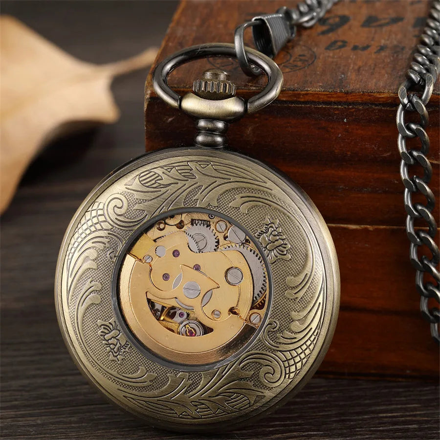 Antique Smooth Mechanical Pocket Watch Fob chain  Arabic Numerals Vintage Hand Wind Watch Skeleton Pendent Men Women Gift Clock