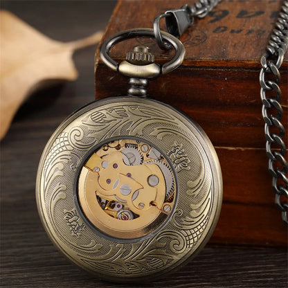 Antique Smooth Mechanical Pocket Watch Fob chain  Arabic Numerals Vintage Hand Wind Watch Skeleton Pendent Men Women Gift Clock