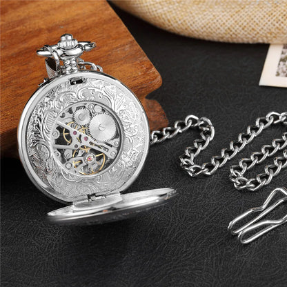 Mens Mechanical Pocket Watch Gearwheel Vintage Skeleton Hand Wind Watch Clock Steampunk Flip Case Necklace Women Mens Gift Box