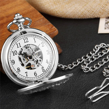 Mens Mechanical Pocket Watch Gearwheel Vintage Skeleton Hand Wind Watch Clock Steampunk Flip Case Necklace Women Mens Gift Box