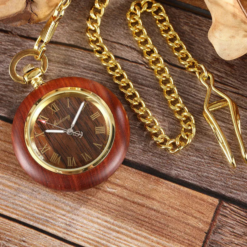 Vintage Wood Casing Luxury Pocket Watch Necklace With Gold Chain Simple High Quality Quartz Pocket Fob Clock Pendant Men Women