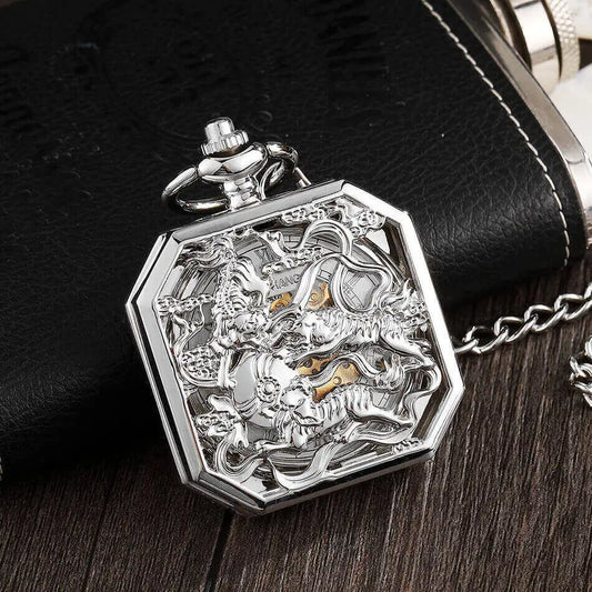 Square Mehanical Pocket Watch Chains Chinese Beast Kylin Hollow Skeleton Engraved Fob Watches Steampunk for Men Women Reloj