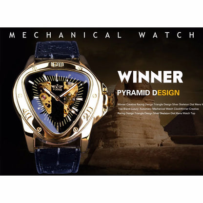 WINNER Steampunk Fashion Men's Automatic Mechanical Watches Triangle Golden Skeleton Movement Genuine Leather Racing Wristwatch