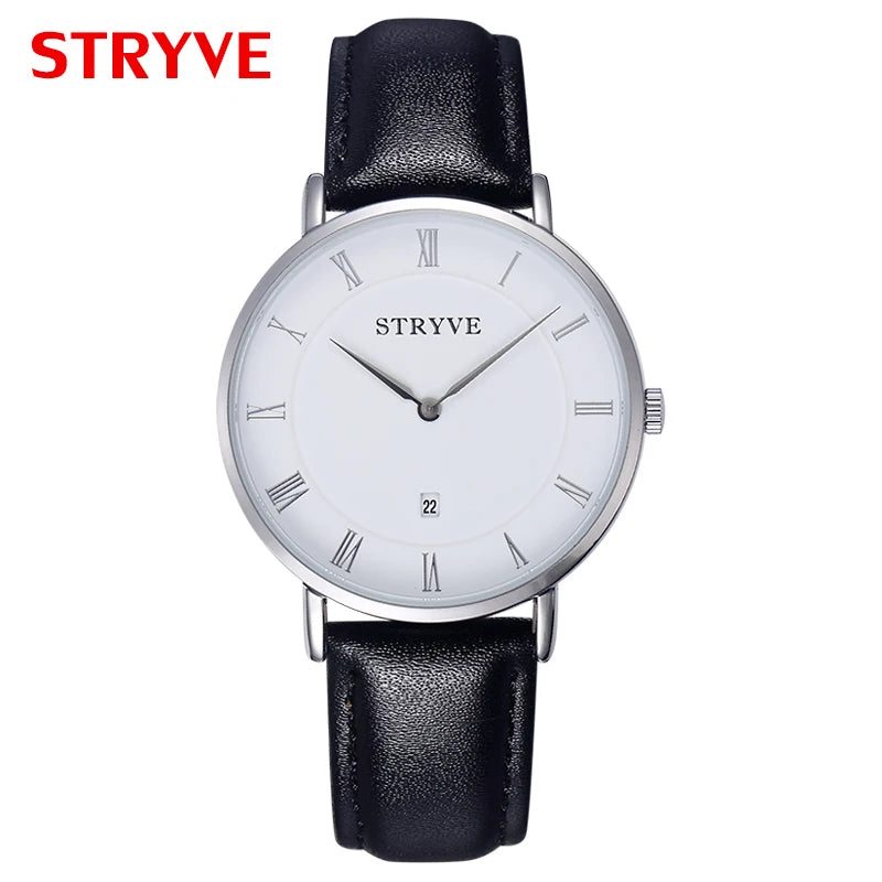 ساعة Montre Stryve النسائية ذات التصميم البسيط والبسيط وقرص رفيع للغاية وبها عقارب وساعة كوارتز فاخرة من الجلد الأصلي مقاومة للماء للرجال