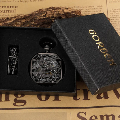 Square Mehanical Pocket Watch Chains Chinese Beast Kylin Hollow Skeleton Engraved Fob Watches Steampunk for Men Women Reloj